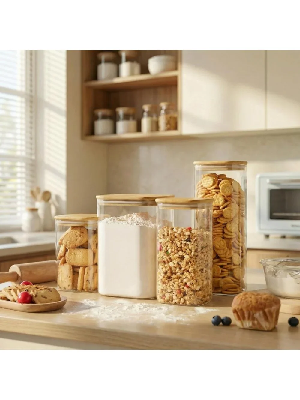 Set of 6 Square Glass Jars with Bamboo Lids - Airtight Food Storage Canisters
